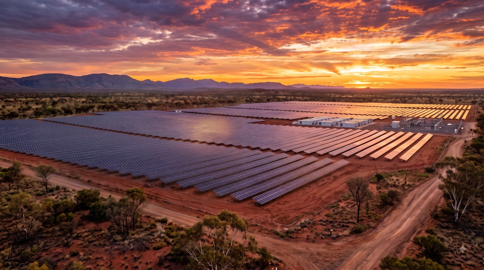 Aerial Solar Farm Sunset